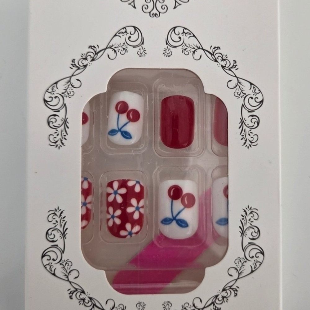 Red Cherry Press On Nails Set 24pc Floral French Tip DIY Manicure Bundle 2 Boxes